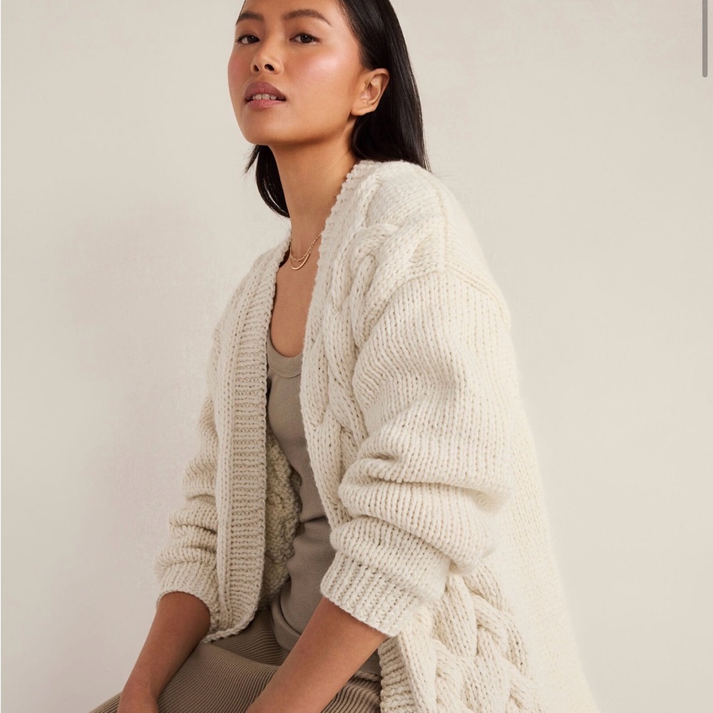 The Knotty Ones Twisted Erik Cardigan Cream Cable Knit Wool Blend M/L